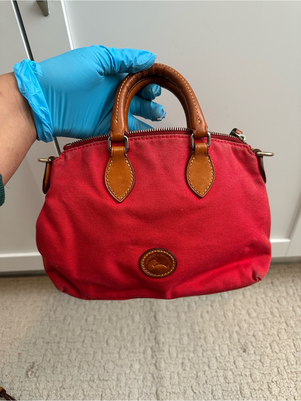 Dooney & Bourke Red Canvas Mini Satchel with Brown Leather Trim - Picture 1 of 6